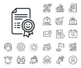 Positive feedback rating sign. Salaryman, gender equality and alert bell outline icons. Smile award line icon. Customer satisfaction symbol. Smile line sign. Spy or profile placeholder icon. Vector