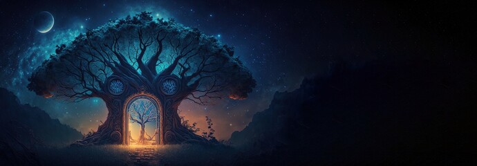 Sacred tree of life is a afterlife portal gate leading to divine mystery. Esoteric concept of old astral soul, karma and ancient incarnation. Generative AI.