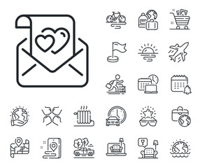 Valentine sign. Plane jet, travel map and baggage claim outline icons. Love letter line icon. Couple relationships symbol. Love letter line sign. Car rental, taxi transport icon. Vector