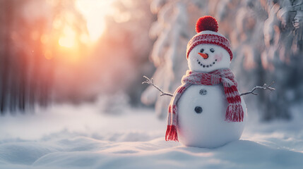 Cute sweet snowman wearing a festive amusing  red hat and scarf at a snowy landscape at sunset, banner with copy space. 