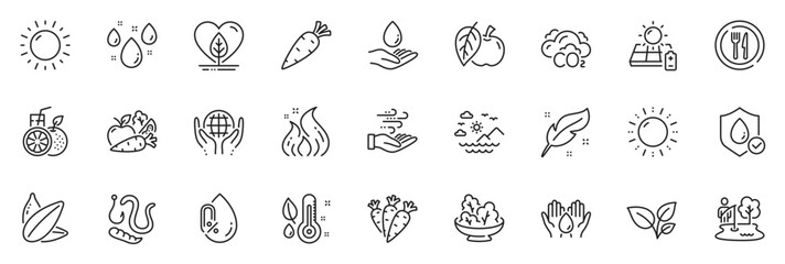 Icons pack as Safe water, Carrot and Feather line icons for app include Worms, Wind energy, Apple outline thin icon web set. Sunny weather, Vegetables, Sea mountains pictogram. Food. Vector