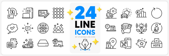 Icons set of Photo edit, Approved and Food app line icons pack for app with 5g internet, Vote box, Loop thin outline icon. Job, Food delivery, Money transfer pictogram. Replacement, Sms. Vector