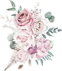 Watercolor Bouquet with Roses, Dried Fern Leaf and Eucalyptus Branches on Transparent Background