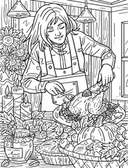 Thanksgiving Woman Slicing Turkey Adults Coloring