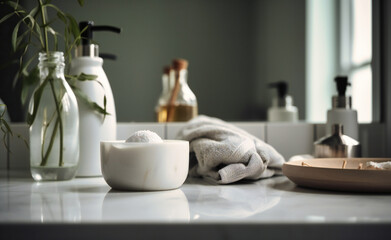 Fototapeta na wymiar a white and body products on a bathroom counter