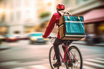 Deliveryman on bicycle, back view. Courier on bicycle  in uniform deliver order to customer. 