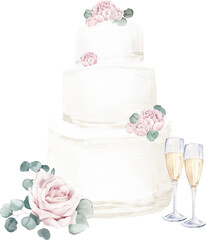 Watercolor Arrangement with Glasses of Champagne and Wedding Cake on Transparent Background