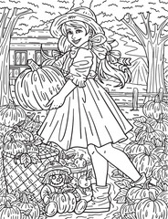 Thanksgiving Girl Pumpkin Basket Adults Coloring