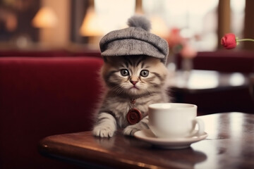 Cute kitten in a hat sits in a cafe with a cup of coffee. Generative AI