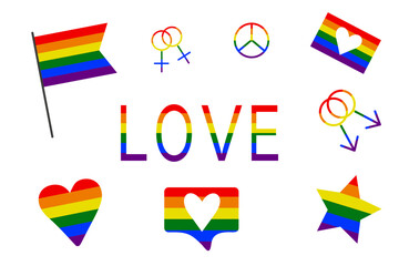 Fototapeta na wymiar A set of Pride LGBTQ+ icons, a set of LGBTQ+ related symbols in rainbow colors: Pride flag, heart, peace, star, rainbow, love, support, symbols of freedom. Gay Pride Month. Flat sign design, isolated 
