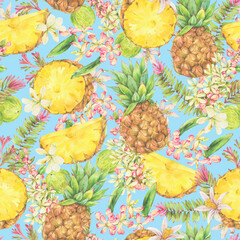 Watercolor Vintage Tropical Summer Fruit Seamless Pattern Pineapple on Blue