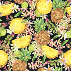 Watercolor Vintage Tropical Summer Fruit Seamless Pattern Pineapple on Black