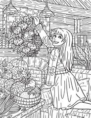 Girl Hanging Thanksgiving Wreath Adults Coloring