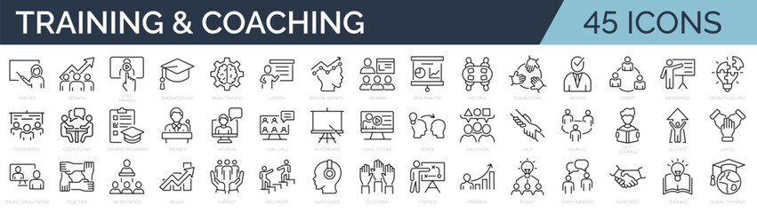Set of 45 line icons related to training, coaching, mentoring, education, meeting, conference, teamwork. Outline icon collection. Editable stroke. Vector illustration - obrazy, fototapety, plakaty