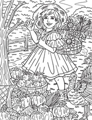 Fototapeta na wymiar Thanksgiving Child Carrying Basket Adults Coloring