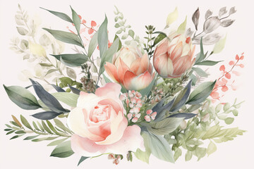 Watercolor floral bouquet set with green leaves, pink peach blush white flowers 
created using AI tools