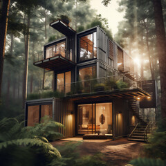 Cargo container home design in dense forest - Generative Ai