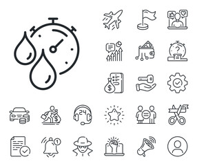 Timer with dye drops sign. Salaryman, gender equality and alert bell outline icons. Paint drying time line icon. Dry time symbol. Timer line sign. Spy or profile placeholder icon. Vector