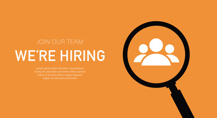 We hiring banner. Avatars of people in magnifying glass. Advertising poster or banner. Employment, recruitment and headhunting. Company looking for talents. Cartoon flat vector illustration