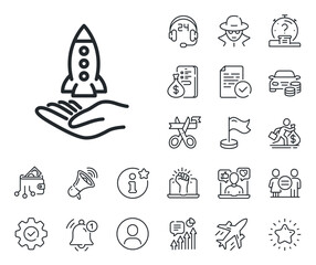 Launch Startup project sign. Salaryman, gender equality and alert bell outline icons. Crowdfunding line icon. Innovation symbol. Crowdfunding line sign. Spy or profile placeholder icon. Vector