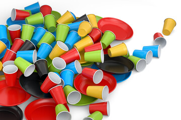 Heap of disposable utensils like plate, folk, spoon,knife and cup on white.