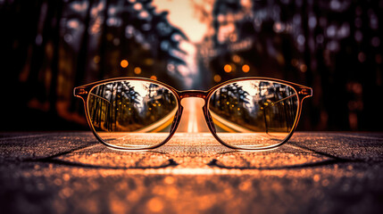 Clear illustration of the road leading to the light source behind the glasses, with a blurred background. Generative AI
