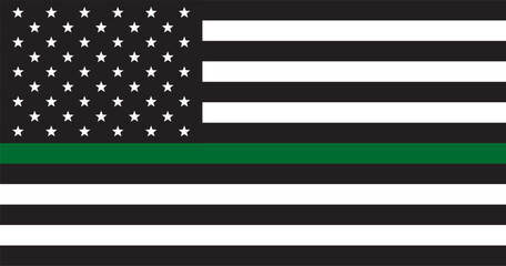 Military us flag.Black and white US Flag with green line.