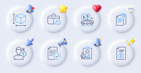 Box size, Compliance and Salary line icons. Buttons with 3d bell, chat speech, cursor. Pack of Pickup, Document attachment, Inspect icon. Technical info, Jobless pictogram. Vector