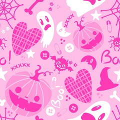Halloween cartoon pumpkins seamless ghost and moon and bats and spider and witch hat pattern for wrapping
