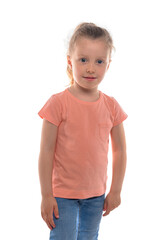 Joyful little girl on a white background.