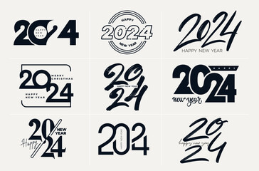2024 Happy New Year logo black text design set. Big collection of 2024 number trend design template. 2024 Happy New Year symbols decoration. Christmas vector illustration with black labels.