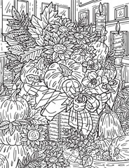 Thanksgiving Autumn Basket Adults Coloring Page 