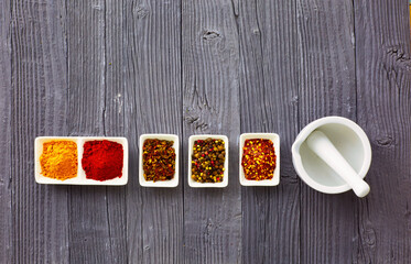 Various spices in a bowls on gray background