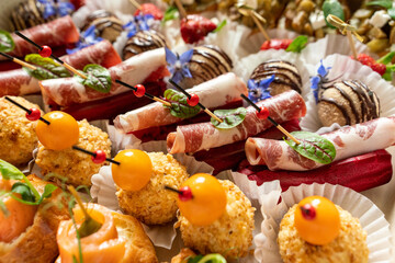 Fototapeta na wymiar Catering service. Set of beautiful canapes. Buffet table. Shallow depth of view.
