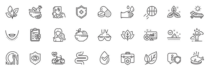 Fototapeta na wymiar Icons pack as Chin, Rubber gloves and Dermatologically tested line icons for app include Medical analytics, Eye protection, Cardio bike outline thin icon web set. Organic tested. Vector