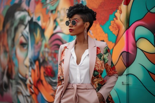 A fashion african american model posing in front of a colorful mural wall. Generative Ai