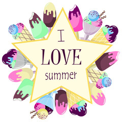 Summer frame made from various ice creams with a text box inside a big yellow star. Food vector illustration isolated on white background.