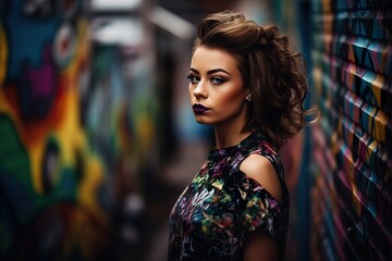 Naklejka premium A fashion model posing in front of a colorful graffiti wall. Generative Ai