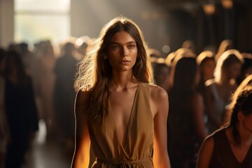 Obraz na płótnie Canvas Young fashion model walking at a Fashion show during warm spotlights on background. Generative Ai
