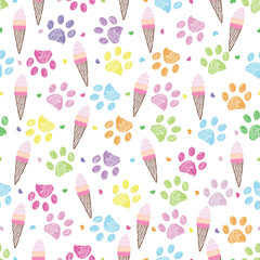 Colorful paw prints and ice creams seamless fabric design paw prints pattern