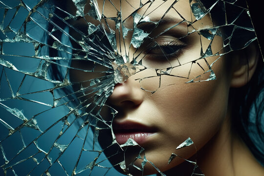 Portrait of a young, sad woman against the background of broken glass. Suffering, sadness and mental problems concept. Generative ai