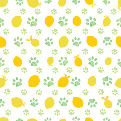Lemons with paw prints seamless fabric design summer theme pattern - 605035952