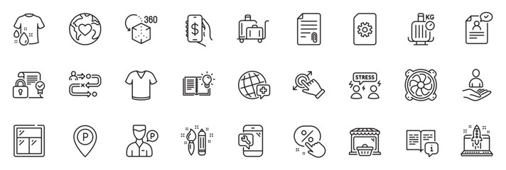 Icons pack as Donation, Luggage trolley and Parking line icons for app include Attachment, Discount button, Window outline thin icon web set. Money app, Product knowledge. Vector