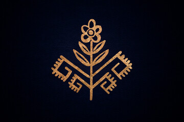 Authentic Kalevala golden fllower ornament on a deep blue colored eco leather, background, animal friendly, karelia, nordic, finland, north, north-west russia, nordic flower, folklor