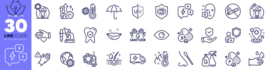 Eye, Vaccine protection and Vitamin b6 line icons pack. Lips, Coronavirus vaccine, Thermometer web icon. Cleaning liquids, Serum oil, Stress pictogram. Nasal test, Umbrella, Rubber gloves. Vector