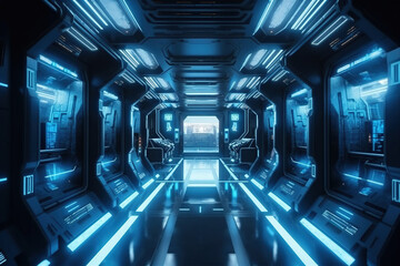 Blue futuristic sci-fi spaceship corridor tunnel with neon lights on panel walls, created with Generative AI