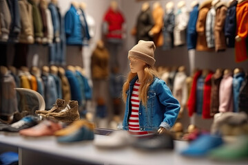 Miniature toy figurine of young woman customer looking at some clothes on display in modern store, created with Generative AI