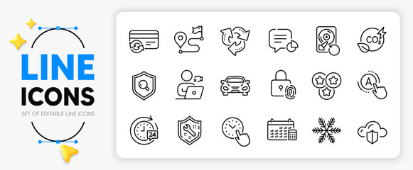 Stars, Time management and Video conference line icons set for app include Recycle, Snowflake, Calendar outline thin icon. Statistic, Journey, Recovery hdd pictogram icon. Co2 gas. Vector