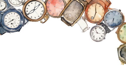 collection of vintage watches as a frame border, copyspace, generative ai