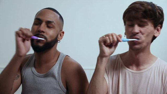 jovem casal gay inter racial brasileiro no banheiro escovando os dentes juntos sentados na banheira no dia dos namorados